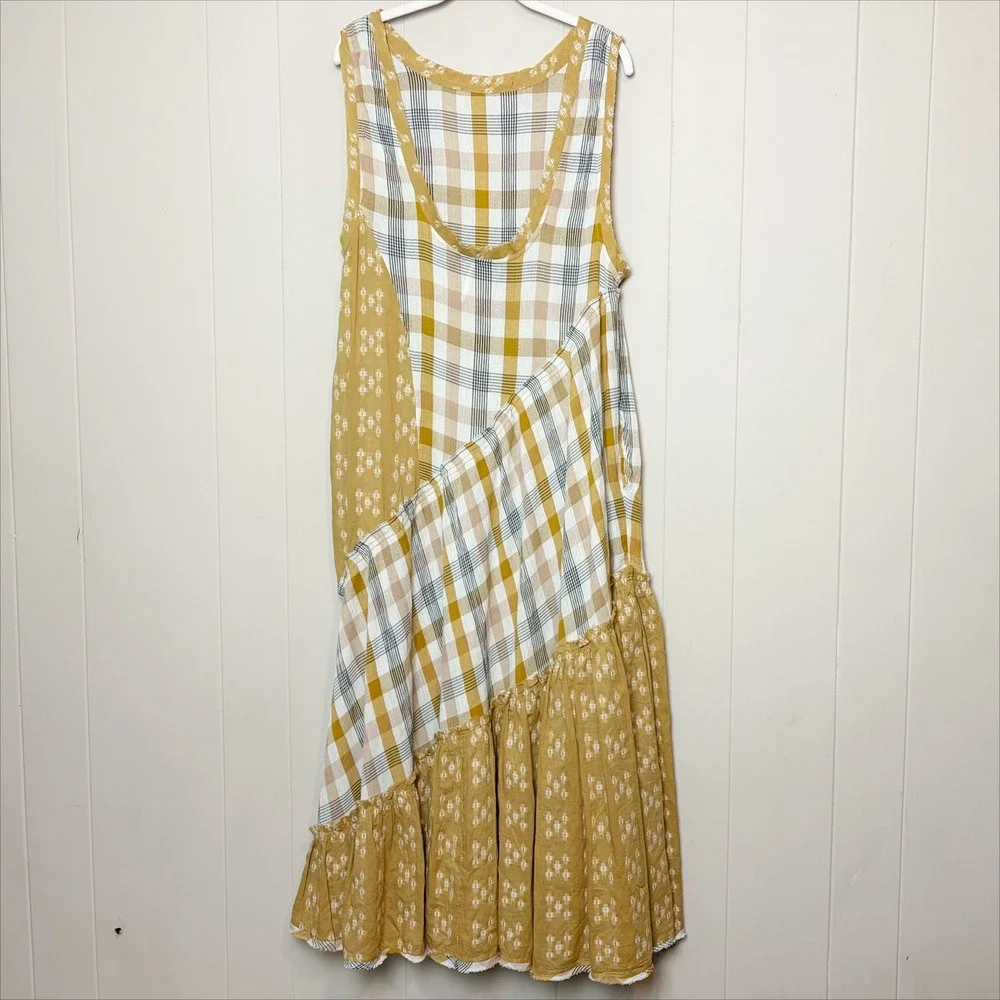 Free People No Stress Midi Dress Small Plaid  Mustard Yellow Boho Flowy Relaxed